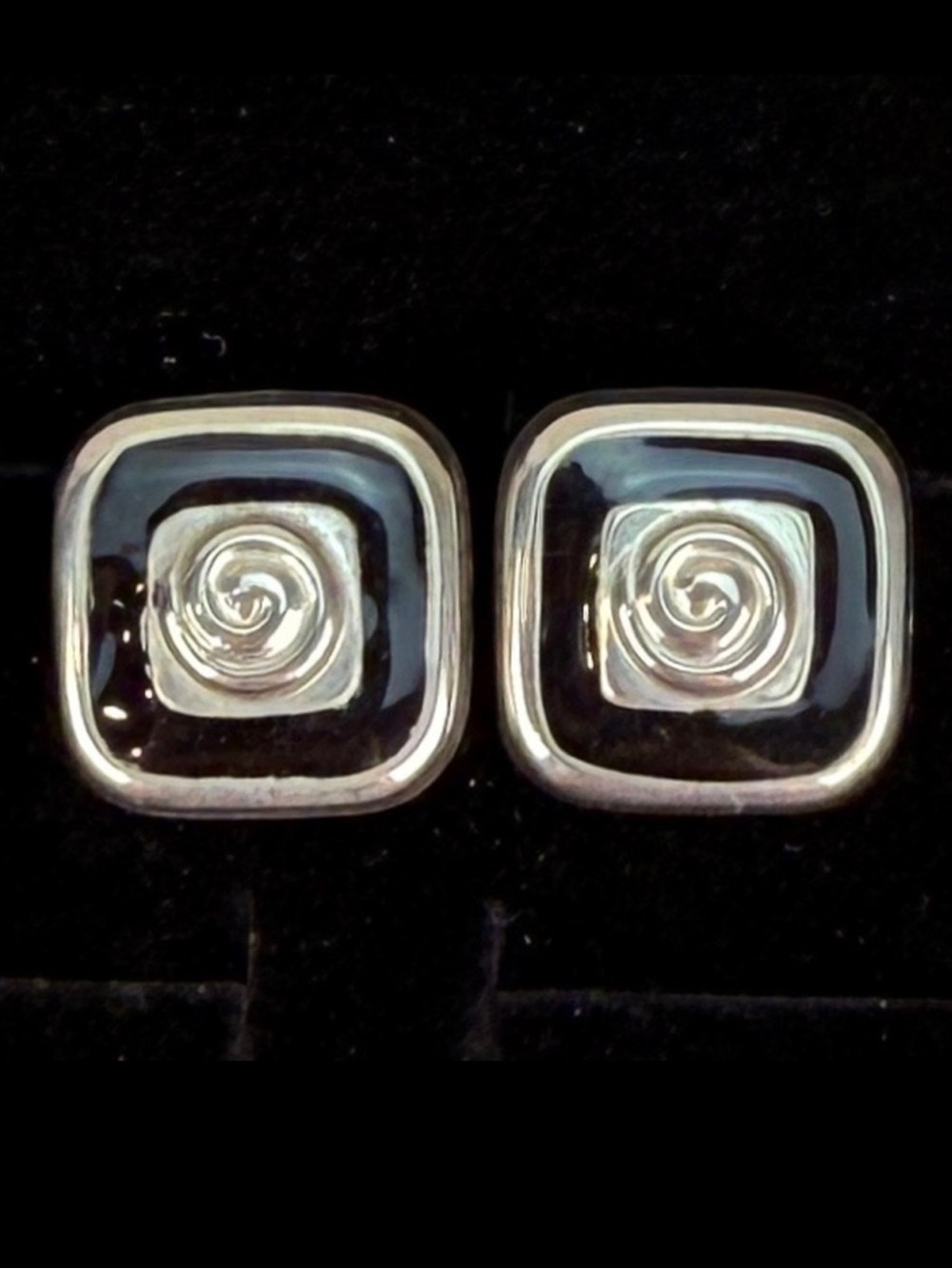 Vintage Silvertone and black square earrings pierced